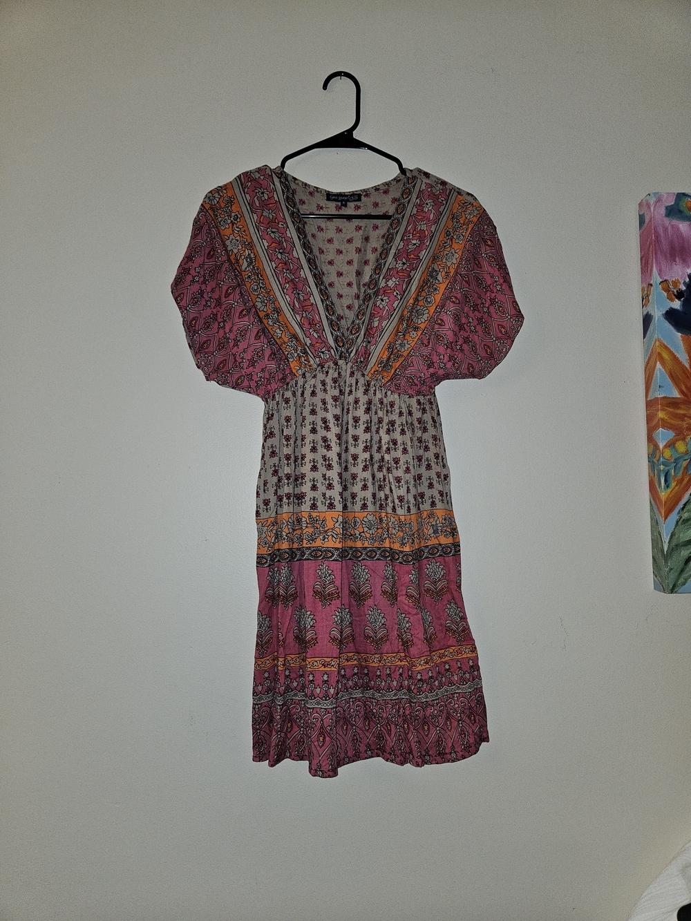 Boho Floral V-Neck Midi Dress in Pink & Cream